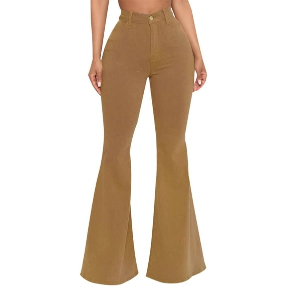 LLYwey Women Wide Leg Pants Women's Fashion Denim Button Zipper Solid High Waist Pockets Jean Wide Leg Pants Flare Trousers Pull On Dress Pants Female Long Pant Style H1242 Brown M