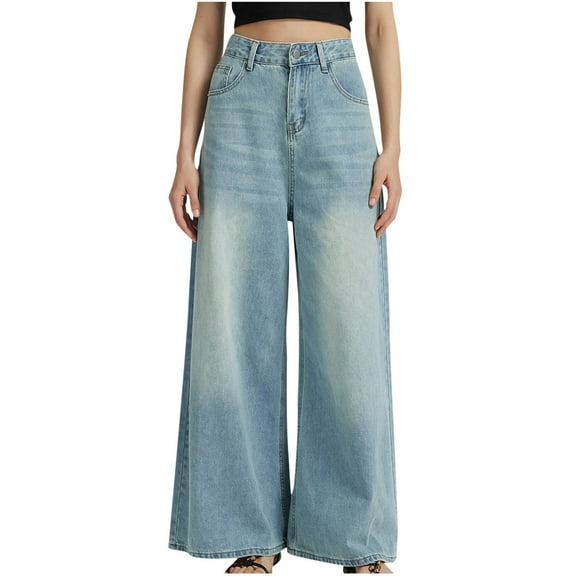 LLYwey Women's Athletic Pants Women's Trendy Denim Trousers Women's Trendy Design High Waist Loose Straight Wide Leg Pants Female Long Pant Style H383 Light Blue XL