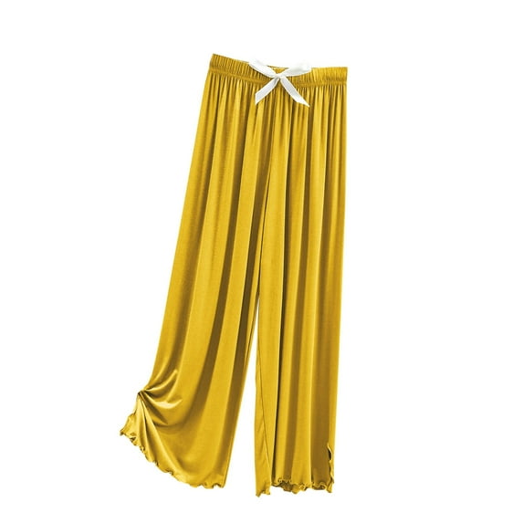 LLYwey Women's Capris Pants Women Solid Color Loose Casual Home Tie Split Straight Leg Pants Female Lightweight Pants Long Pant Style H1523 Yellow M
