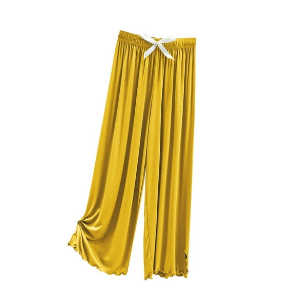 LLYwey Women's Capris Pants Women Solid Color Loose Casual Home Tie Split Straight Leg Pants Female Lightweight Pants Long Pant Style H1523 Yellow M