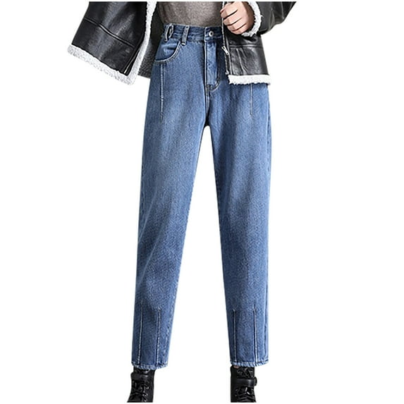 LLYwey Women's Dress Pants Women's Fashion Leisure High Waisted Plush and Thick Wide Legs Denim Pants Female Athletic Pants Long Pant Style H2856 Blue M