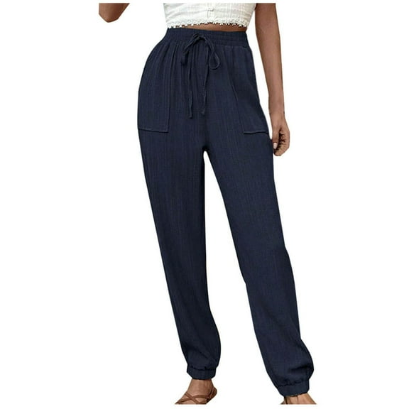 LLYwey Women's Hiking Pants Women's Fashion Mid-Rise Non Stretch Solid Color Casual Pants Pull On Pants Female Long Pant Style H873 Navy S