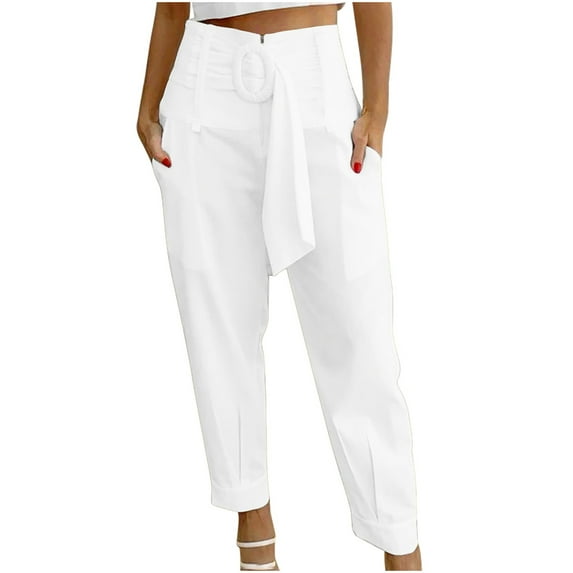 LLYwey Womens Black Dress Pants Fashion Women's High Waist Waist Zipper Straight Leg Solid Color Casual Pants Female Linen Pants Long Pant Style H2612 White M