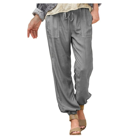 LLYwey Womens Boho Pants Women Lady Fashion Elastic Waist Pocket Foot Trousers Casual Pants Plus Size Pants Female Long Pant Style H3007 Gray M