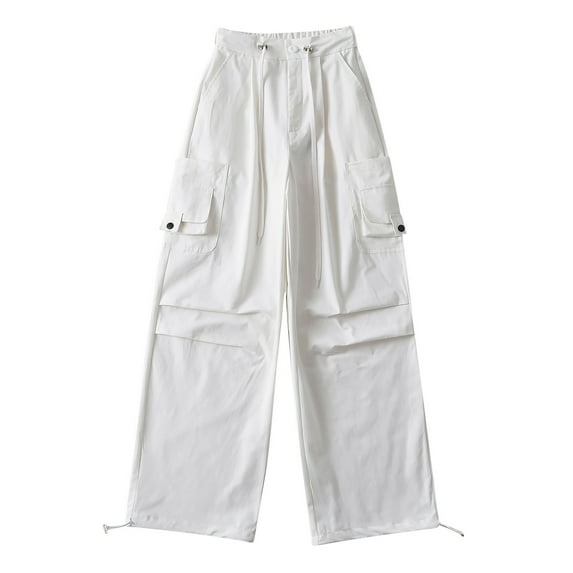 LLYwey Womens Business Casual Pants Women's Loose Pants Casual Sports Pants Drawstring Cargo Pants Wide-leg Pockets High Waisted Business Pants Female Long Pant Style H1590 White L