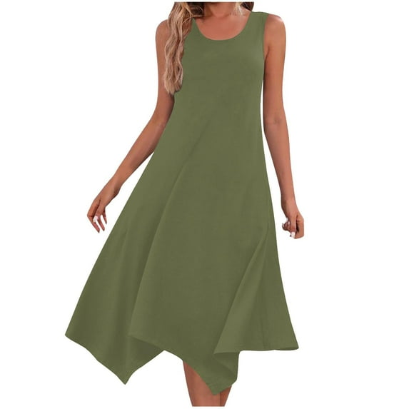 LLYwey Womens Casual A-Line Dresses - Summer Beach Solid Color Sleeveless Tshirt Midi Dresses Beach Vacation Loose Flowy Tank Sundress, I-15, Green-a, M