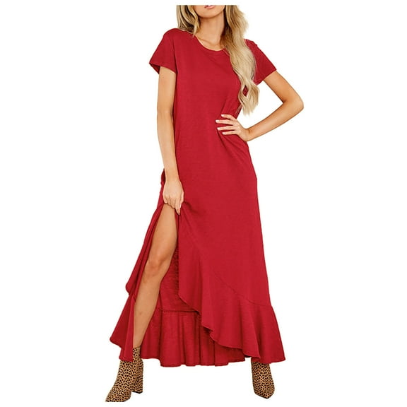 LLYwey Womens Casual Dresses Casual Fashion Ruffled Casual Fashion Comfortable Irregular Dress New Wrap Dresses Red Xl