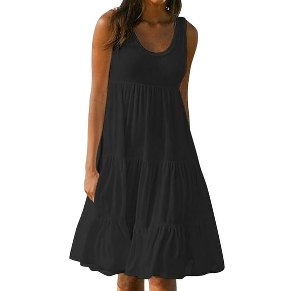 LLYwey Womens Casual Sundress - Summer Sleeveless T-Shirts Dresses for Beach Vacation Solid Color Round Neck Loose Flowy A-Line Tank Dresses, I-14, Black, 5XL