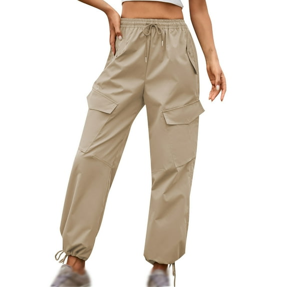 LLYwey Womens Cotton Pants Spring and Summer Solid Pocket Bandage Elastic Waist Fashion Casual Full Length Pants Female Pajama Pants Long Pant Style H1535 Khaki M
