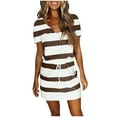 thumbnail image 1 of LLYwey Womens Drawstring Waist Striped Dresses - Summer Causal Loose V-Neck Short Sleeve T Shirts Mini Short Dress with Pockets, Sun-20, Brown, XXL, 1 of 6