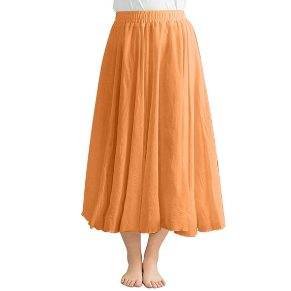 LLYwey Womens Flowy Midi Skirts, Summer Casual Solid Color Elastic Waist A-Line Mid Length Pleated Skirt, Sun-29, Orange, One Size