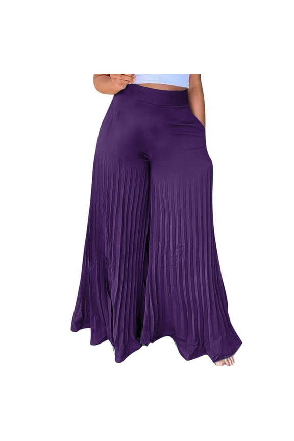 Womens Full Length Pants Women's Fashion Casual Solid Chiffon Pockets Elastic Waist Double Layer Crinkle Wide Leg Pants Flare Trousers Female Summer Pants Long Pant Style H1193 Purples L