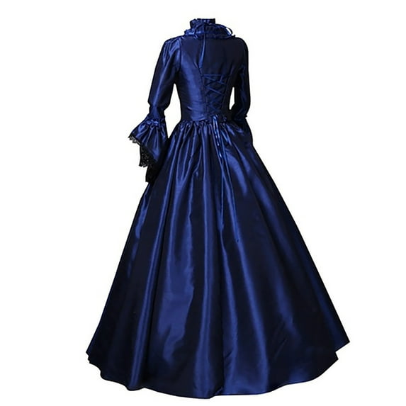 LLYwey Womens Gothic Maxi Dresses, Vintage Lace Puff Long Sleeve Evening Gown, Women’s Plus Size Front Bow Pleated A-Line Long Dresses, I-20, Blue, 3XL