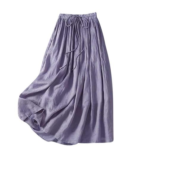 LLYwey Womens Linen Skirts - Drawstring Elastic High Waisted Pleated Flowy A-Line Pull on Long Skirts, I-10, Purples, XL