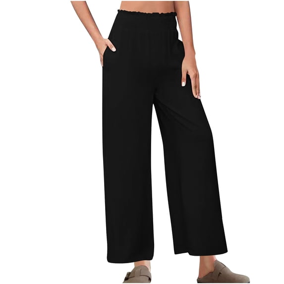 LLYwey Womens Loose Pants Ladies Loose Casual and Comfortable Solid Color Flower Bud Waist Strap Pants New Full Length Pants Trousers Regular Fitted Black L