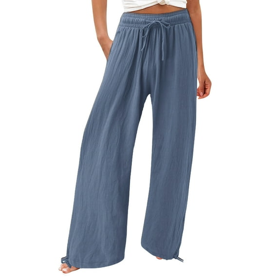 LLYwey Womens Pajama Pants Fashion Womens Casual Elastic Loose Pants Straight Wide Leg Trousers Pants Pull On Dress Pants Female Long Pant Style H2235 Navy M