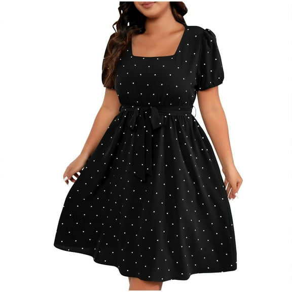 LLYwey Womens Plus Size Dresses - 2025 Vintage Polka Dots Cocktail Party Knee Length Dresses with Belt Summer Casual Short Sleeve Ruffle A-Line Beach Vacation Sundress , I-49, Black, 4XL