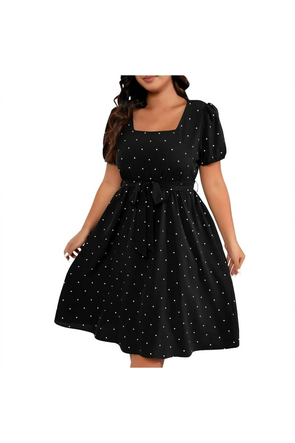 Womens Plus Size Dresses - 2025 Vintage Polka Dots Cocktail Party Knee Length Dresses with Belt Summer Casual Short Sleeve Ruffle A-Line Beach Vacation Sundress , I-49, Black, 4XL