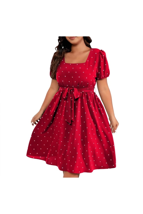 Womens Plus Size Dresses - 2025 Vintage Polka Dots Cocktail Party Knee Length Dresses with Belt Summer Casual Short Sleeve Ruffle A-Line Beach Vacation Sundress , I-49, Red, L