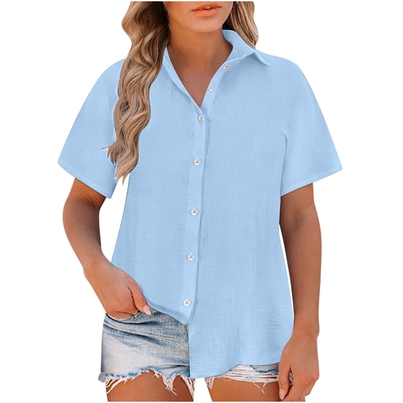 LLYwey Womens Plus Size Linen Button Down Shirts Casual Collared V Neck Short Sleeve Tunic Shirt Summer Tops Solid Lightweight Button-up Loose Blouses , Style-21, Light Blue, 3XL