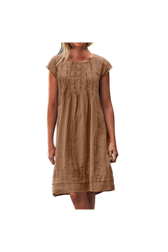 Womens Plus Size Linen Dresses, Casual Loose Ruched Round Neck Cap Sleeve Knee Length Summer Dresses Solid Color Loose Travel Beach Vacation Casual Sundress, Sun-45, Coffee, L