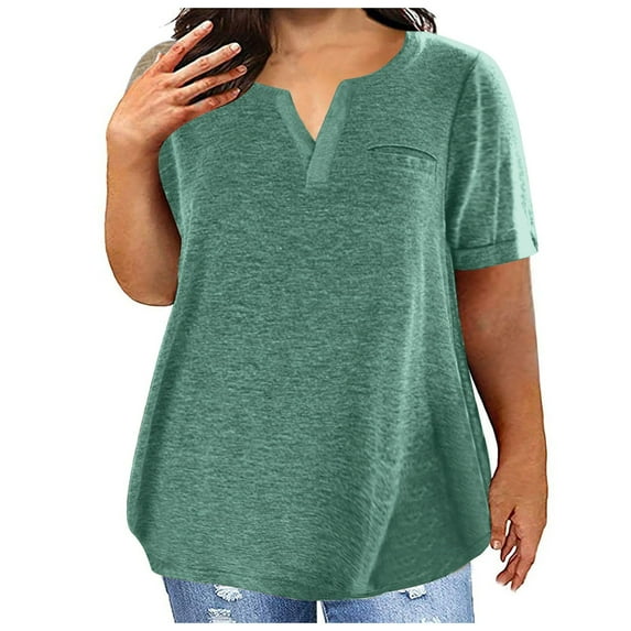 LLYwey Womens Plus Size Summer Tops Women’s V Neck Short Sleeve T-Shirts Polyester Breathable Pull On Casual Loose Blouse Tees Shirts Mother's Day Gifts, Style-12, D-Green, XXL