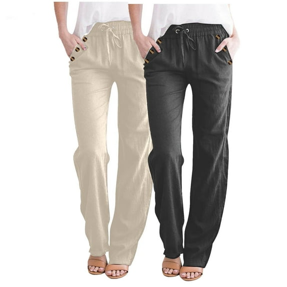 LLYWEY Womens Stretch Pants 2Pc Fashion Ladies Casual Solid Color Elastic Loose Pants Straight Wide Leg Trousers with Pocket New Full Length Pants Regular Fitted Beige 3XL