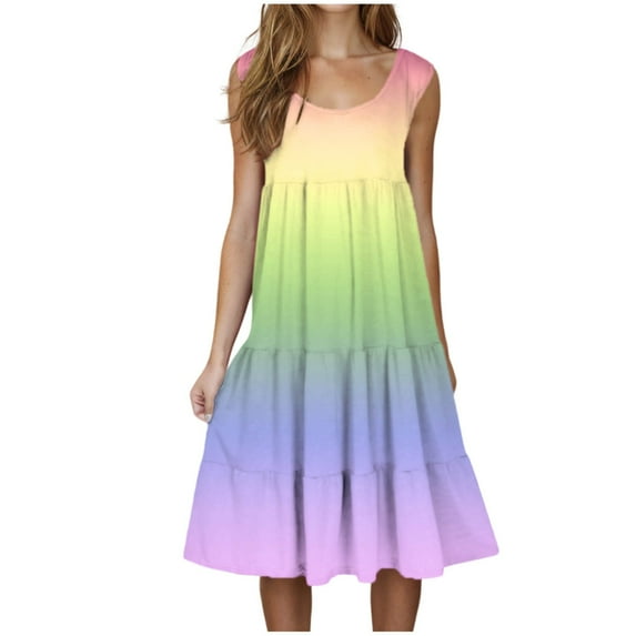 LLYwey Womens Summer Casual Tank Dresses, Women’s Plus Size Sleeveless Round Neck T Shirt Dresses Flowy Tiered Ruffle A-Line Midi Beach Vacation Sundress, I-11, Yellow, XL