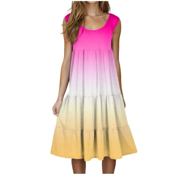 LLYwey Womens Summer Casual Tank Dresses, Women’s Plus Size Sleeveless Round Neck T Shirt Dresses Flowy Tiered Ruffle A-Line Midi Beach Vacation Sundress, I-11, Pinky, XXL