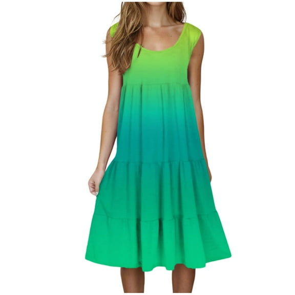 LLYwey Womens Summer Casual Tank Dresses, Women’s Plus Size Sleeveless Round Neck T Shirt Dresses Flowy Tiered Ruffle A-Line Midi Beach Vacation Sundress, I-11, Green, S