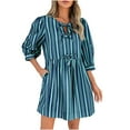 thumbnail image 1 of LLYwey Womens Summer Spring Dresses, Casual Short Sleeve Tie Front Mini Dresses Striped Print Cute Babydoll Ruffle Pleated Flowy A-Line Tunic Sundress, Sun-9, Blue, L, 1 of 5