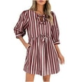thumbnail image 1 of LLYwey Womens Summer Spring Dresses, Casual Short Sleeve Tie Front Mini Dresses Striped Print Cute Babydoll Ruffle Pleated Flowy A-Line Tunic Sundress, Sun-9, Wine, XXL, 1 of 5