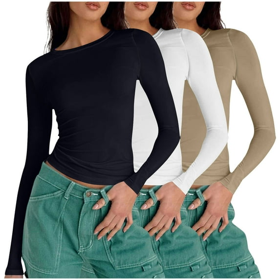 LLYwey Womens Tops Long Sleeve Shirts Winter Women's Fashion Casual Round Neck Solid Color Long Sleeve T Shirt Pullover Tops Round Neck Pullover Blouses Shirts Khaki M