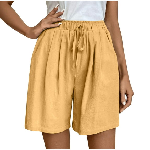LLYwey Womens Wide Leg Shorts - Drawstring Elastic Waist Summer Shorts - Trendy Women Casual Loose Solid Color High Waisted Short Pants with Pockets , Sy-6, Yellow, M
