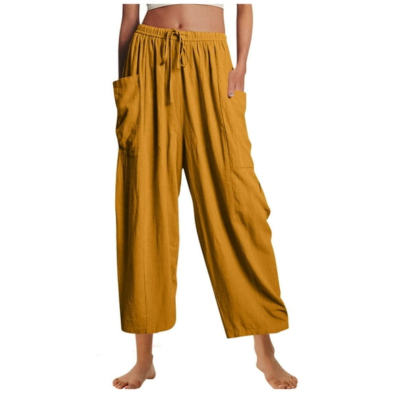 LLYwey Work Pants Women Women Casual Pant Loose Comfy Drawstring Wide Leg Crop Trousers with Pockets Female Pajama Pants Long Pant Style H09 Yellow XXL