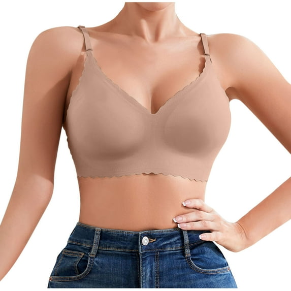 LLYwey Workout Bras for Women Fashion Women Plus Size Solid Color Wavy Wireless Soft Cup Push up Daily Bra Women's Plus Size Nylon Push-Up Bra Style LW-190 Coffee M