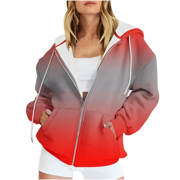 LLYwey Zip Up Hooded Sweatshirt On Sale Women's Casual Printed Zippered Long Sleeve Hooded Sweater Jacket Tops New Long Zip Up Sweatshirt Hoodie Style U9 Pinky XL