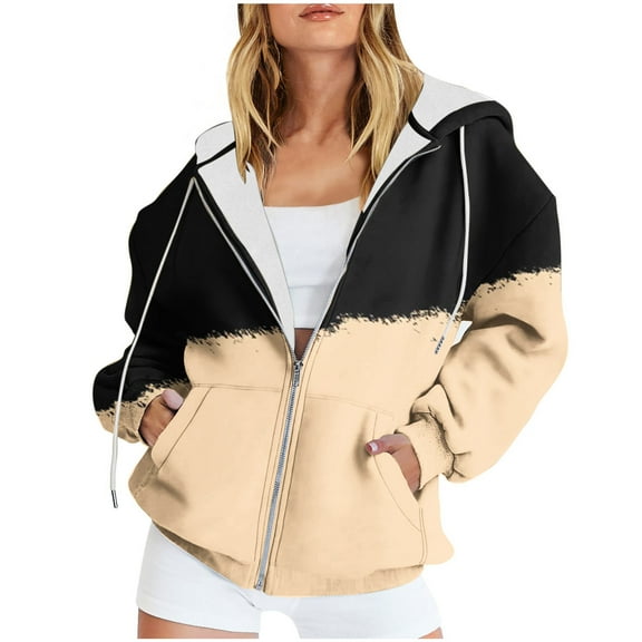 LLYwey Zip up Hooded Sweatshirts for Women Women's Casual Printed Zippered Long Sleeve Hooded Sweatshirt Jacket Tops New Thin Zip up Jacket Women Hoodie Style U86 Beige S