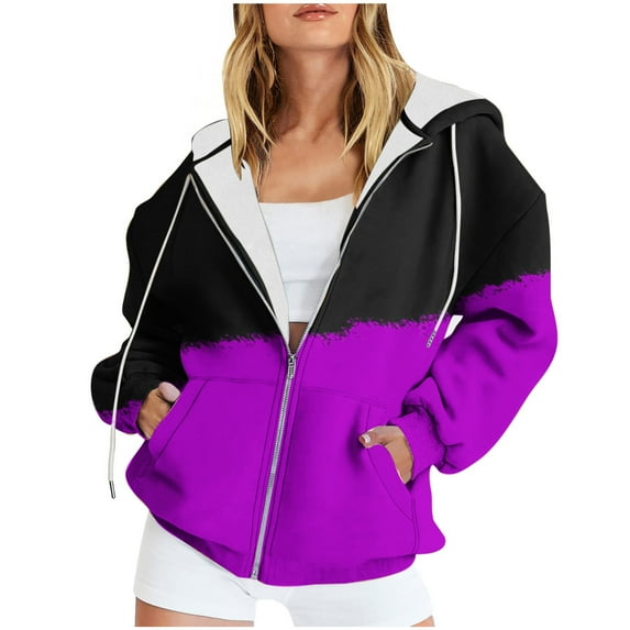 LLYwey Zip Up Hoodie for Women Winter Women's Casual Printed Zippered Long Sleeve Hooded Sweatshirt Jackets Tops New Womens Zipper Hoodies Sweatshirt Hoodie Style U86 Purples L