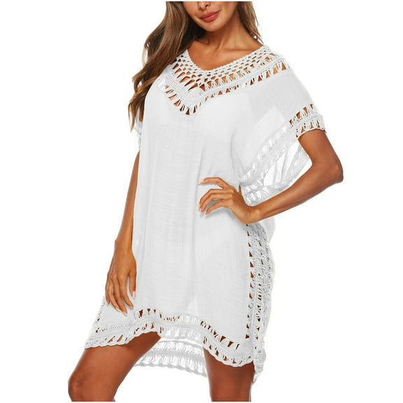 LLYwey formal Dresses for Women Plus Size Ladies Loose Solid Color Hand Hook Stitching V-Neck Blouse Beach Dress New Christmas Dresses White One Size