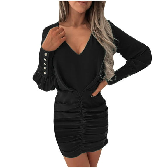 LLYwey Cocktail Dresses for Women Fashion V Neck Solid Color Shirring Long Sleeve Slim Dress New Evening Dresses Black S