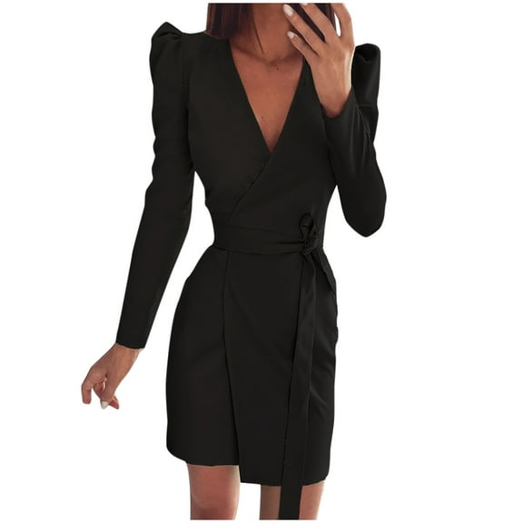 LLYwey Fall Maxi Dresses for Women 2024 Fashion Winter Casual Solid Dress V-Neck Long Sleeve Dress New Boho Dresses Black Xl