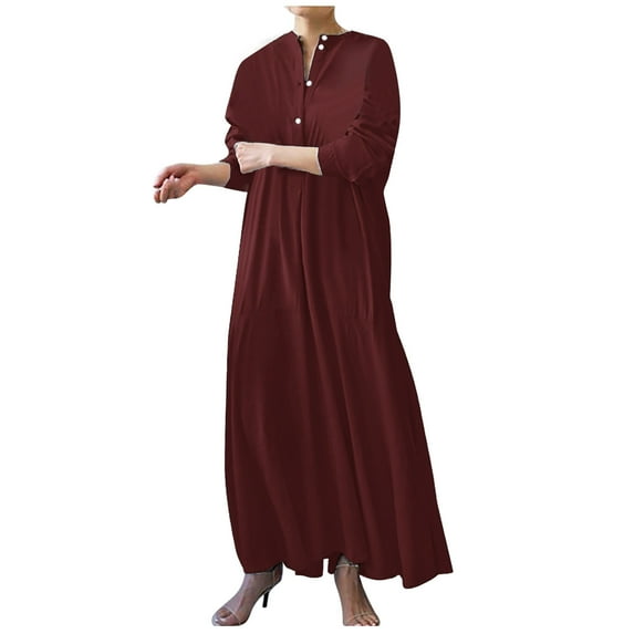 LLYwey Homecoming Dresses Women Fashion Look Slimmer V-Neck Aneck Loose Flounce Long Sleeve Long Dress New Casual Dresses Wine Xl