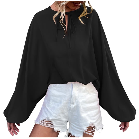 LLYwey Office Dresses for Women Spring/Summer Lantern Sleeves Lace V-Neck Loose Casual Top Top New Party Dresses Black Xl