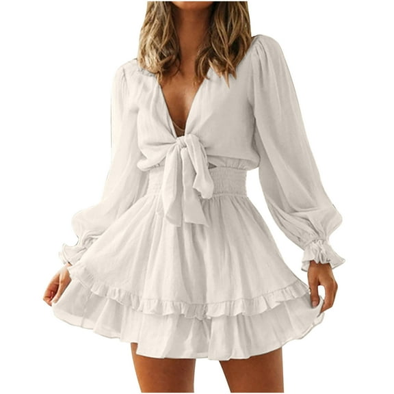 LLYwey Winter Dresses for Women 2024 and Winter V-Neck Long Sleeve Ruffle Lace Solid Dresses New Party Dresses White S