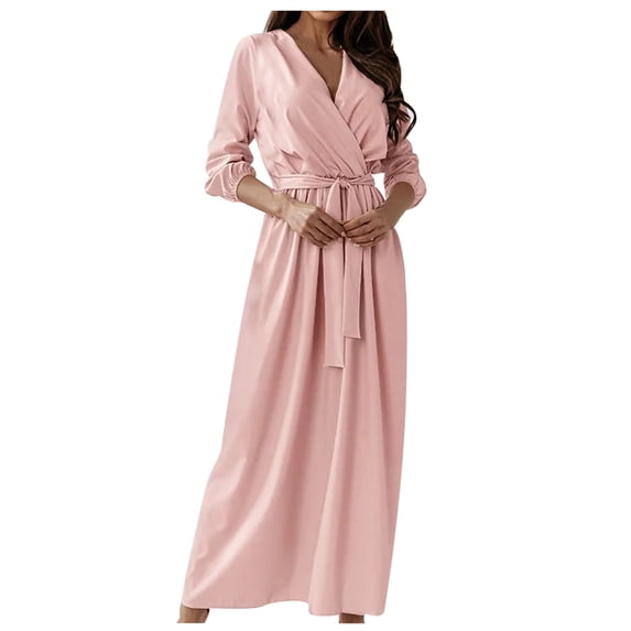 LLYwey Women Dresses Spring and V-Neck Solid Color Long-Sleeve Lace-Up Waist Skirt Dress New Christmas Dresses Pinks Xl