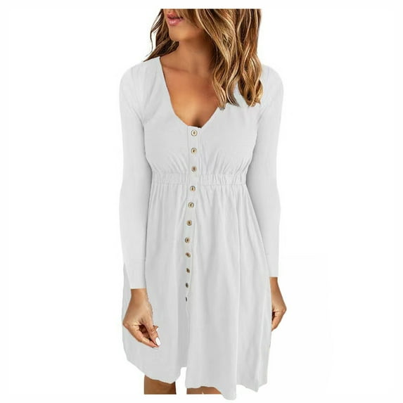 LLYwey Women's Plus Size Dresses Casual Solid U-Neck Buttons Long Sleeve Waist Dress New formal Dresses White Xxl