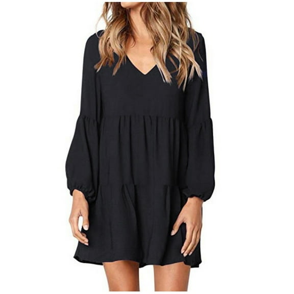 LLYwey Womens Maxi Dresses 2024 V-Neck Long Sleeve Solid Loose Dress Lantern Sleeve Fashion Dress New A-Line Dresses Black Xxl