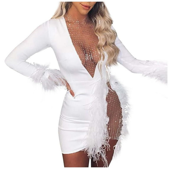 LLYwey A Line Dresses for Women V-Neck Long Sleeve Color Mesh Stitch Casual Mini Dress New Wedding Dresses White Xl