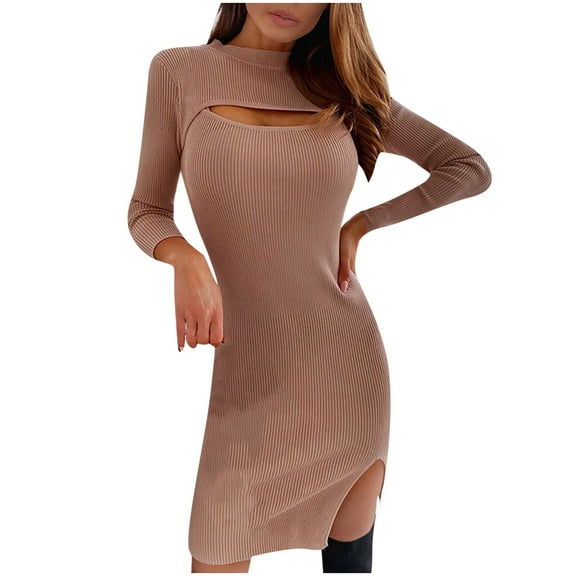 LLYwey s Bodycon Dresses for Women Fashion Solid Color Hollow Out Long Sleeve Sheath Knee-Length Dress New Sweater Dresses Pinks 3Xl